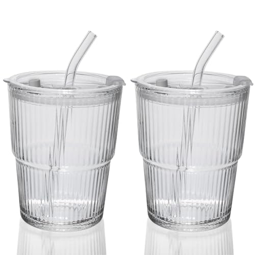 QWEZXO 13oz Glass Coffee Tumbler Set with Lid & Straw - 2 Pack