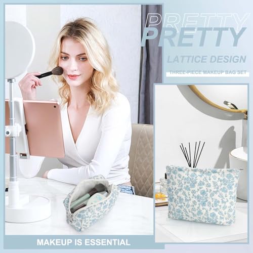 EIMMBD Makeup Bag Set - 3 Piece Travel Organizer in Blue White