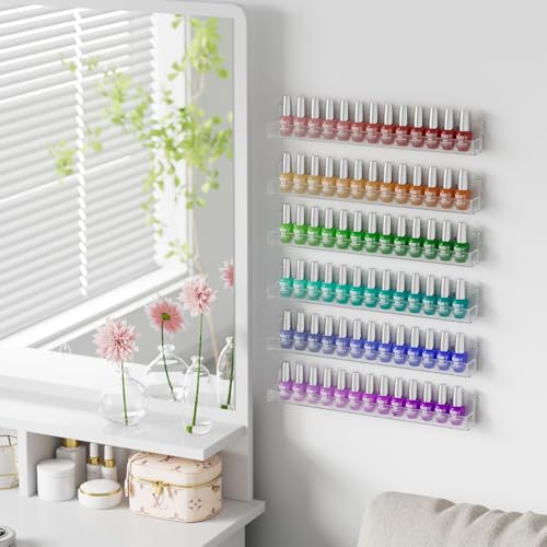 NIUBEE 15 Inch Wall Mounted Nail Polish Organizer - 6 Clear Shelves Pack