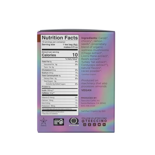 Teeccino Miraculous Mushrooms Herbal Tea - 10 Caffeine-Free Bags