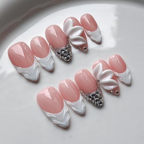 Medium Almond French Tip Press On Nails with Flower Rhinestones - Style9