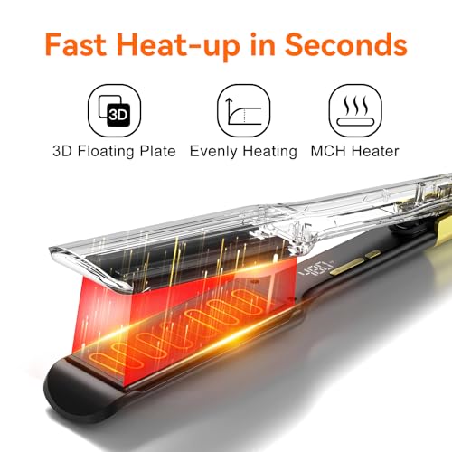 UKLISS MCH 2-in-1 Hair Straightener & Detangling Flat Iron, Black, 1.75-Inch Wide Plates, Fast Heat Up 170℉-480℉