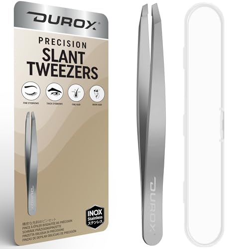 DuroX Precision Slant Tweezers for Eyebrows & Hair Removal - Stainless Steel, Fine Tips