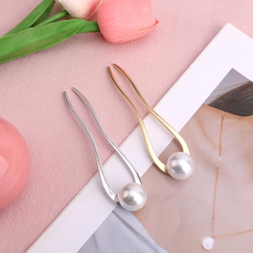 French Pearl Hair Pins 2pcs, Metal U-Shape Hair Clips for Women, Gold & Silver
