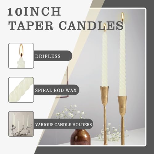 10 Inch Ivory Spiral Taper Candles - Set of 12 Unscented Dripless Candlesticks