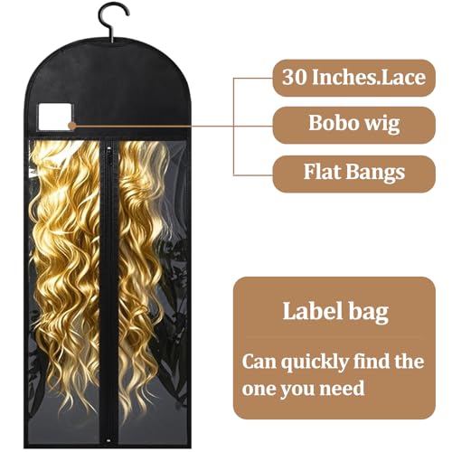 Black 31.5in 6-Pack Extra Long Wig Storage Bags with Hangers & Labels - Dust-Proof Organizer for Multiple Wigs & Extensions