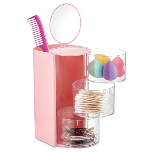 Pink Rotating Hair Accessories Organizer with Brush Holder, 3-Tier Storage
