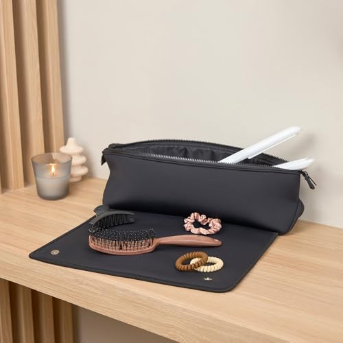 BAREFOOT CARIBOU Hair Tools Travel Bag and Heat Resistant Mat (15.5") for Flat Irons, Straighteners, Curling Iron, Haircare Accessories, 2-in-1 design, Interior Pockets, Portable Organizer (Black)