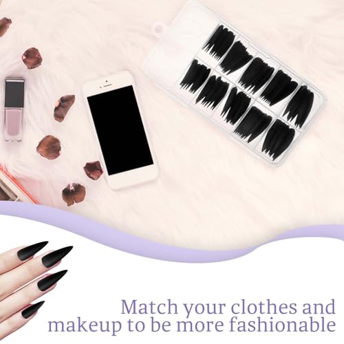Black Stiletto Press-On Nails Set - 100 PCS, 10 Sizes Matte