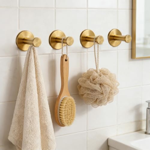 Self-Adhesive Bath Towel Hooks - 4 Pack Gold Stainless Steel