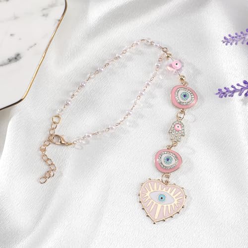 Handmade Pink Evil Eye Rearview Mirror Charm - Boho Car Decor