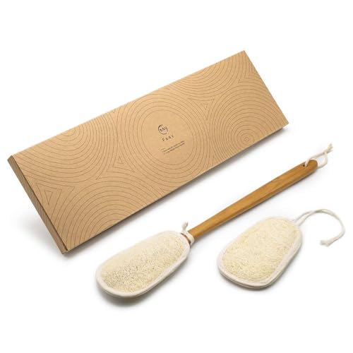 FAAY 17-Inch Natural Loofah Back Scrubber with Long Teak Handle