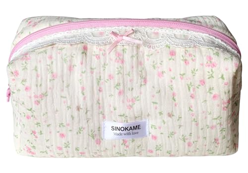 Springknows Handmade Floral Lace Makeup Bag by SINOKAME - Reusable Cotton Toiletry Organizer, Small Cosmetic Pouch, Soft & Durable, Gift Idea