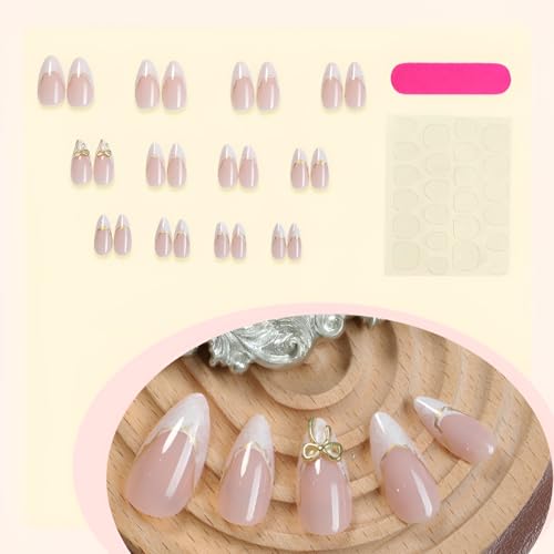 Gold Almond Press On Nails with White French Tips - 24 Pcs Set