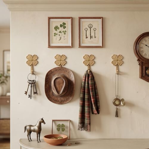 Four-Leaf Clover Wall Hooks - Antique Brass Cast Iron Coat Hooks (4 Pcs)