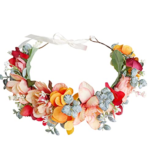 LLinfflr Adjustable Floral Halo Headband for Weddings and Parties - Orange, W Variant