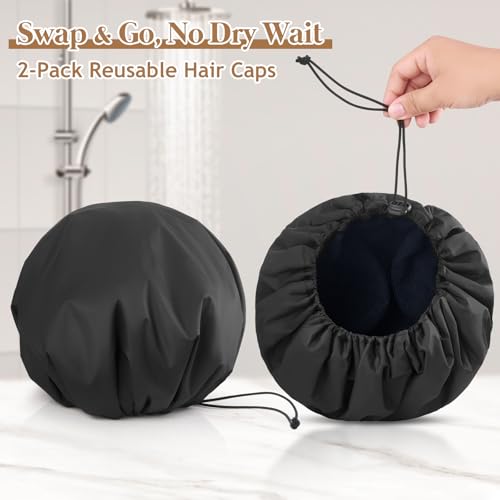 Large Waterproof Shower Cap Set for Long Hair & Dreadlocks - Black