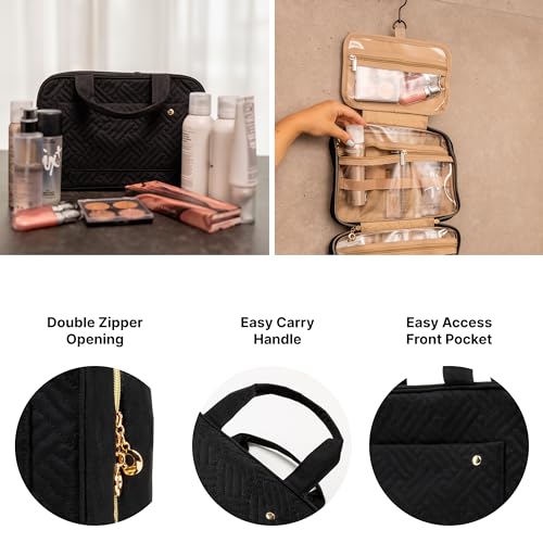 Carrywell Medium Black Toiletry Bag with Hanging Hook - Water-Resistant Makeup Organizer