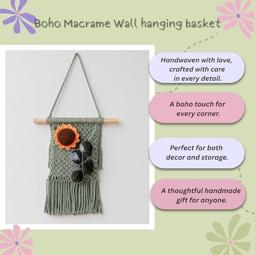 Macrame Wall Hanging Basket - Sage Green, 13x15 inches | Boho Mail Organizer & Key Holder