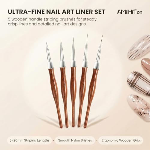 Wood Color 5PCS Nail Art Liner Brush Set - 5mm to 20mm Tips