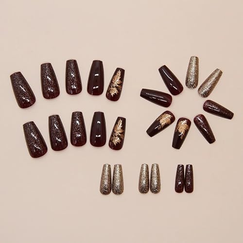 Gold Fall Maple Leaf Press on Nails Medium Coffin 24 Pcs Autumn Thanksgiving
