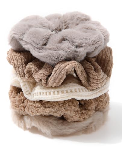 Khaki 5 Pack Furry Scrunchies Elastic Hair Ties for Women & Girls