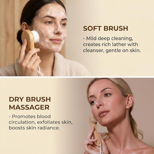 Zeutch Dry Body Brush Set with Long Handle for Exfoliation and Lymphatic Drainage