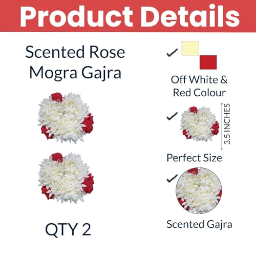 Sniptrend Mogra Scented Hair Rubber Band Gajra with Jasmine Flower Design - 1 Pack of 1, White & Red Petals, Traditional Hair Accessory for Women & Girls