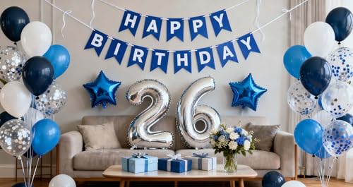 26th Birthday Party Decorations Blue Set for Men - Happy Banner & Balloons
