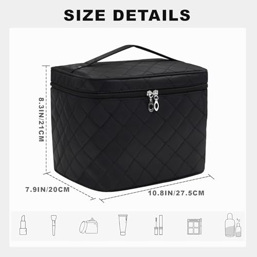 Large Waterproof Makeup Bag with Handle for Travel and Cosmetics - Black