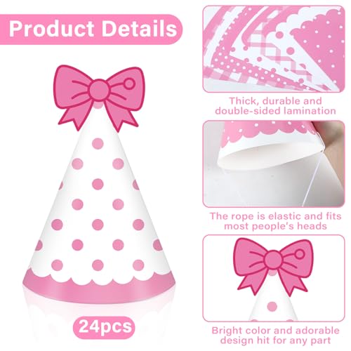 24pcs Pink Cone Party Hats with Bow - Cute Birthday Supplies