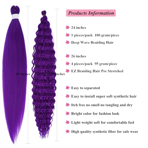 Purple Boho Hair Extensions - Pre-Stretched Synthetic Braiding Hair, 26 Inch Wavy Curly for Braids