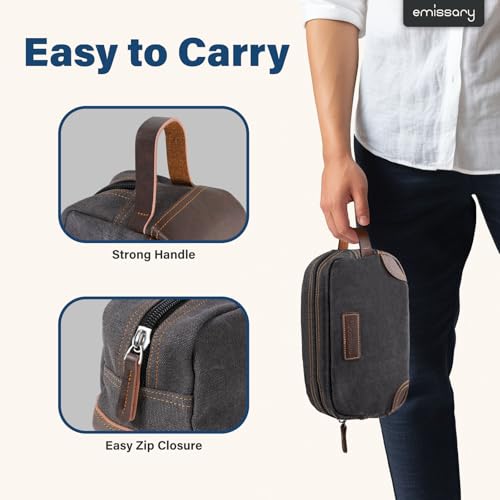 Emissary Gray Men's Canvas Travel Toiletry Bag with Leather Dopp Kit