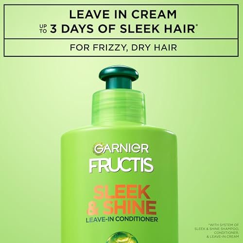 Garnier Fructis Sleek & Shine Leave-In Conditioner Cream, Anti-Frizz Hair Treatment with Plant Keratin + Argan Oil, Controls Frizz and Provides Smoothness For Frizzy, Dry Hair, 10.2 Fl Oz (Pack of 2)