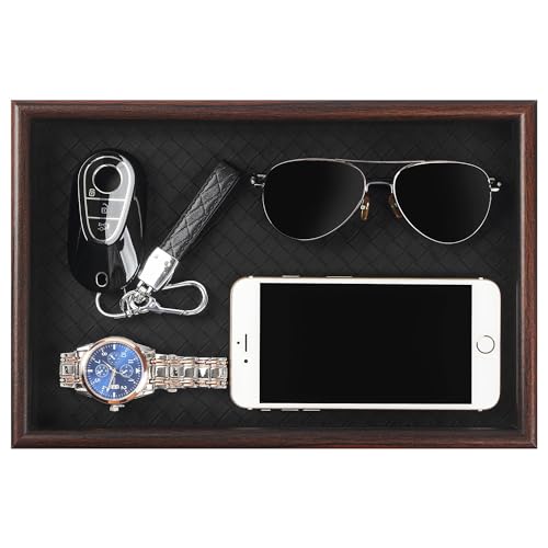 Wooden Valet Tray with Leather Base - Nightstand Organizer for Essentials