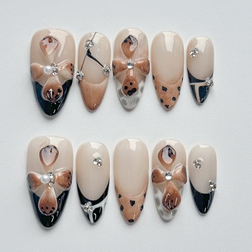 MABKJLF M-A14 Luxury Short Almond Press-On Nails with 3D Designs - Reusable Fake Nails with Rhinestones & French Tips, Glossy Brown, Thick Acrylic, Complete Nail Kit