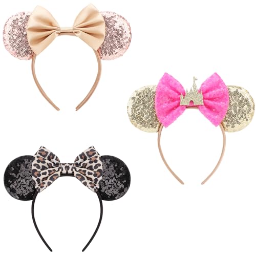 AQOKKA Mouse Ears Headbands with Bow - 3 Pcs Champagne, Black-Leopard Print, Gold-Deep Pink