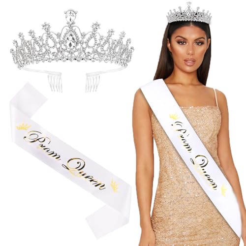 BAHABY Silver Prom Queen Sash & Tiara Set - Graduation & Wedding Party Accessories, 01 Silver