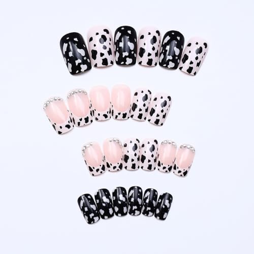 24 Pcs Short Square French Tip Press-On Nails with Glitter Rhinestones