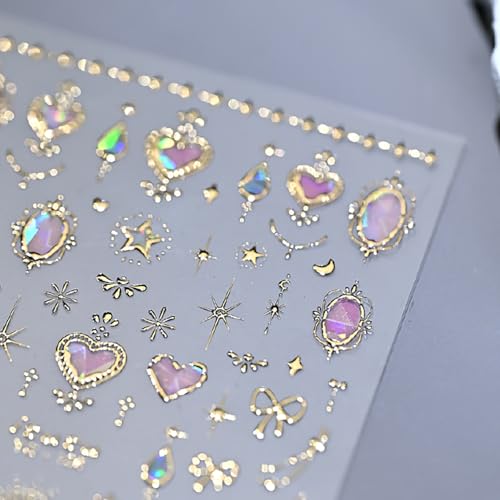 Rhspayh Valentines Nail Stickers02 Pink Heart 5D Embossed Self-Adhesive Nail Art Decals with Gold Bow Star