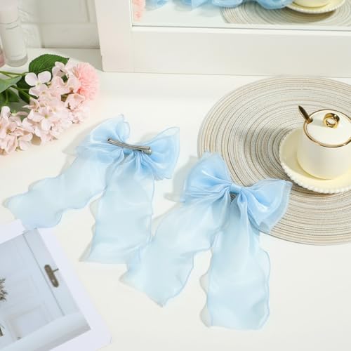 DOPENSPI 2PCS Large Blue Hair Bow Clips - Elegant Silk Ribbon Barrettes