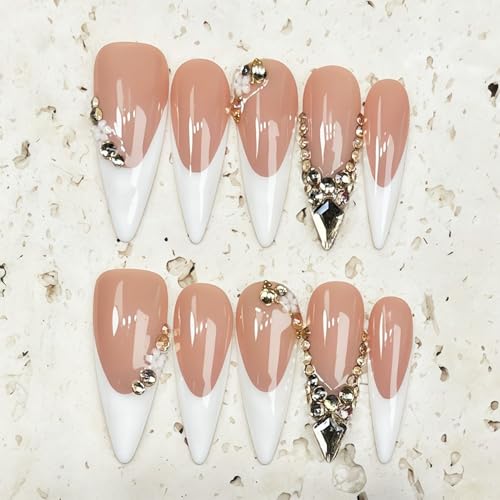Luxury Handmade Stiletto Press-On Nails S / 083-4 with 3D Rhinestones & French Tip