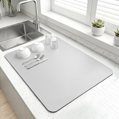 LOPNUR Small Dish Drying Mat, 18"x16", Light Grey - Super Absorbent & Quick-Drying