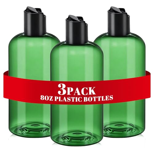 DPLASKA 3Pcs 8 oz Green Plastic Travel Bottles with Black Disc Top Caps – 8oz Sampler Set