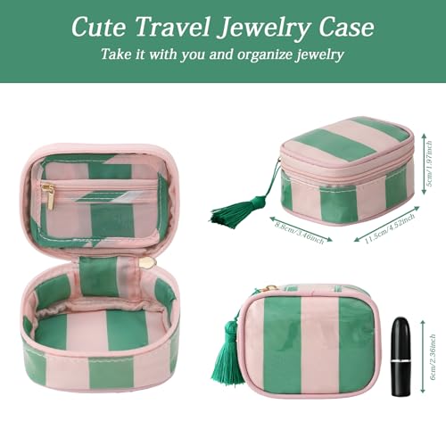 Travel Jewelry Case - Compact Pink & Green Organizer with Tassels