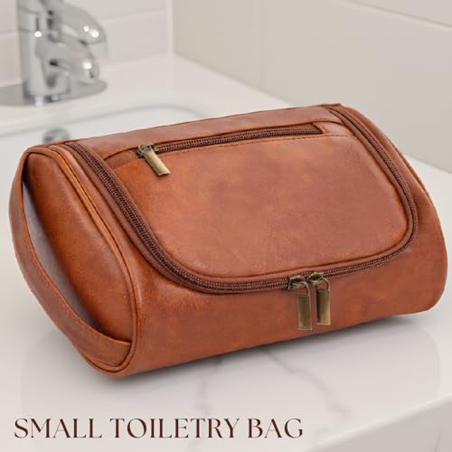 Cumbanho Compact Men's Toiletry Bag - Water-Resistant PU Leather Dopp Kit, Brown