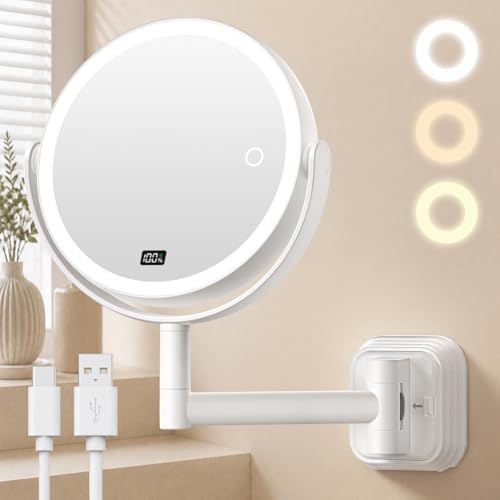 Auxmir Snow White 30X Wall Mounted Makeup Mirror - No Drilling, 3 Colors, 360° Rotation, Rechargeable