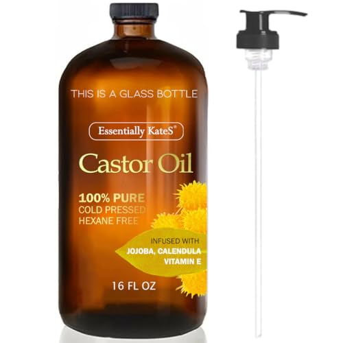 Essentially KateS Castor Oil 16 Fl Oz Glass Bottle with Pump - Pure Natural Hair & Body Oil