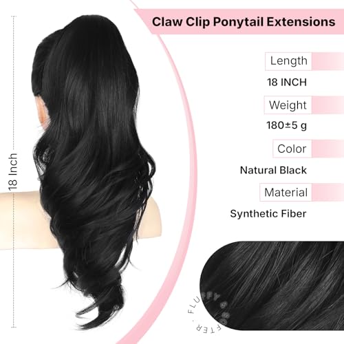 18" Natural Black Ponytail Extension Clip In for Women - Long Wavy