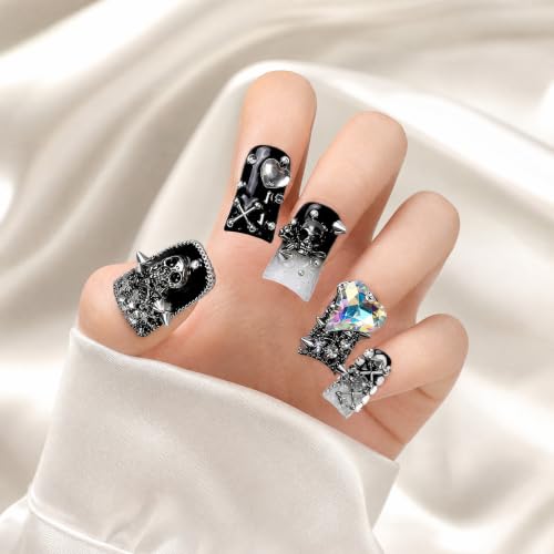 BAXTDNE Duckbill Short Halloween Fake Nails - Punk Spike Cross Metal Rhinestone, Reusable Press-On Nails (Size M, 10Pcs) - Variation 9